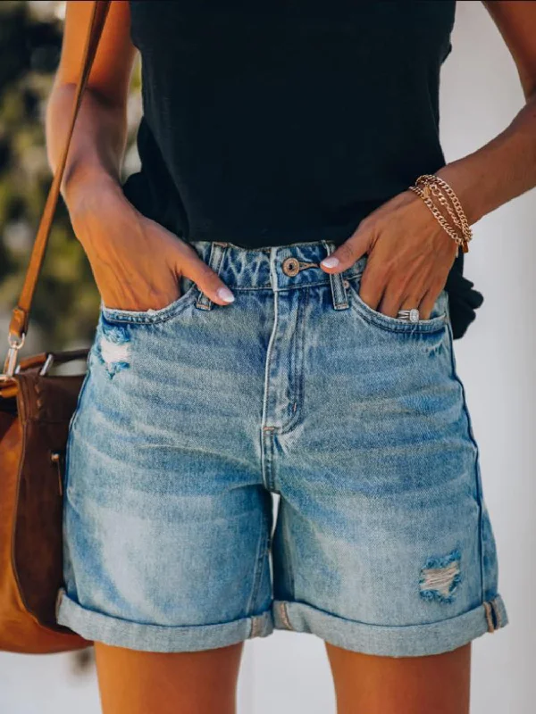 Distressed Denim Shorts with Pockets Dapper Women's Bow - adorned