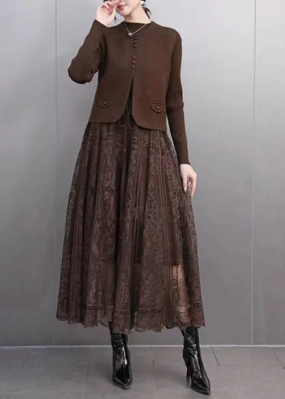 Elegant Coffee O-Neck Waistcoat And Lace Maxi Skirts Two Pieces Set Spring Athletic Women's 