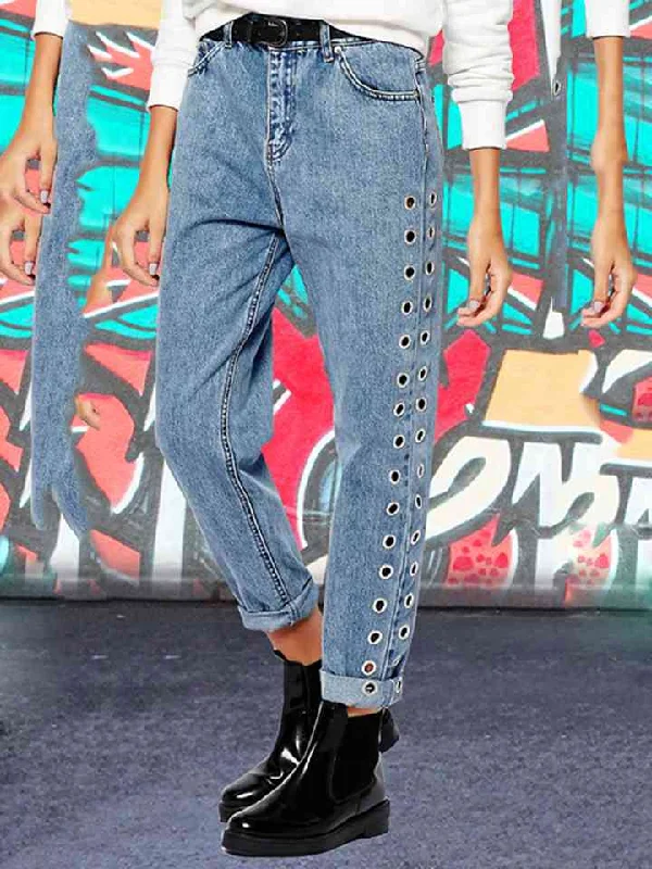 Buttoned Openwork Jeans Practical Women's Quick - dry