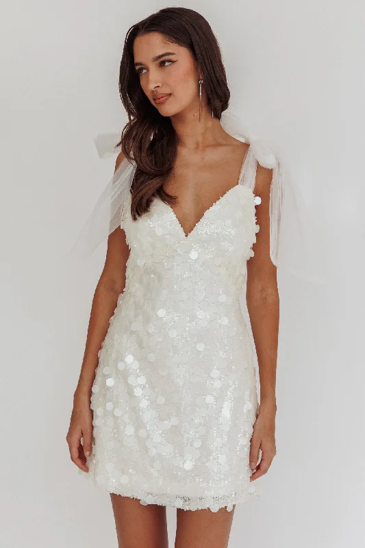 Mykonos Morning Tied Shoulder Sequin Mini Dress White Sophisticated Women's 