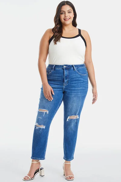 BAYEAS Full Size Distressed High Waist Mom Jeans Feminine Women's Soft 