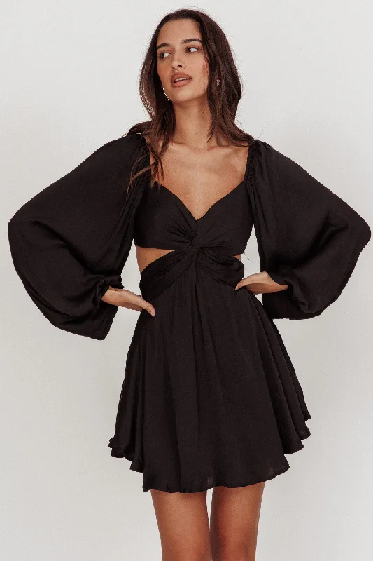 Miraya Balloon Sleeve Twist Mini Dress Black Traditional Women's 