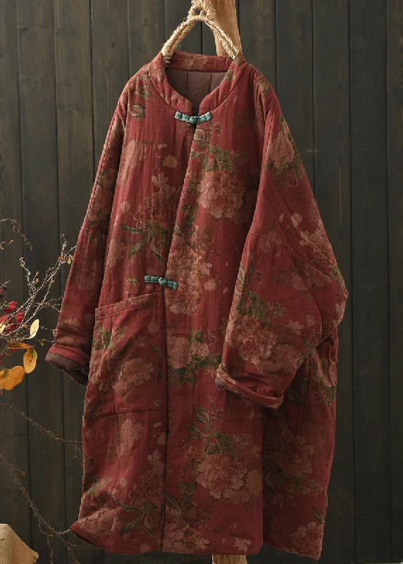Boho Red Pockets Print Oriental Button Fine Cotton Filled Coat Winter Edgy Women's Punk