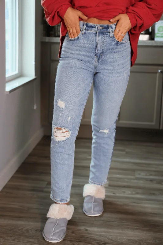 Light Wash Destructed Straight Leg Jeans