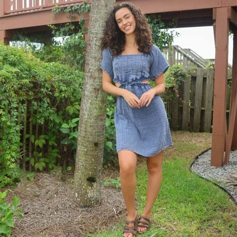 Indigo Gauze Cut Out Dress Cozy Women's Sherpa - lined
