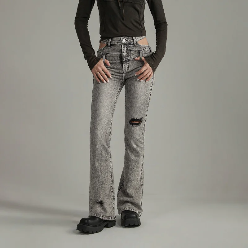 Waist Slit Bootcut Ripped Denim Jeans Sleek Women's Metallic