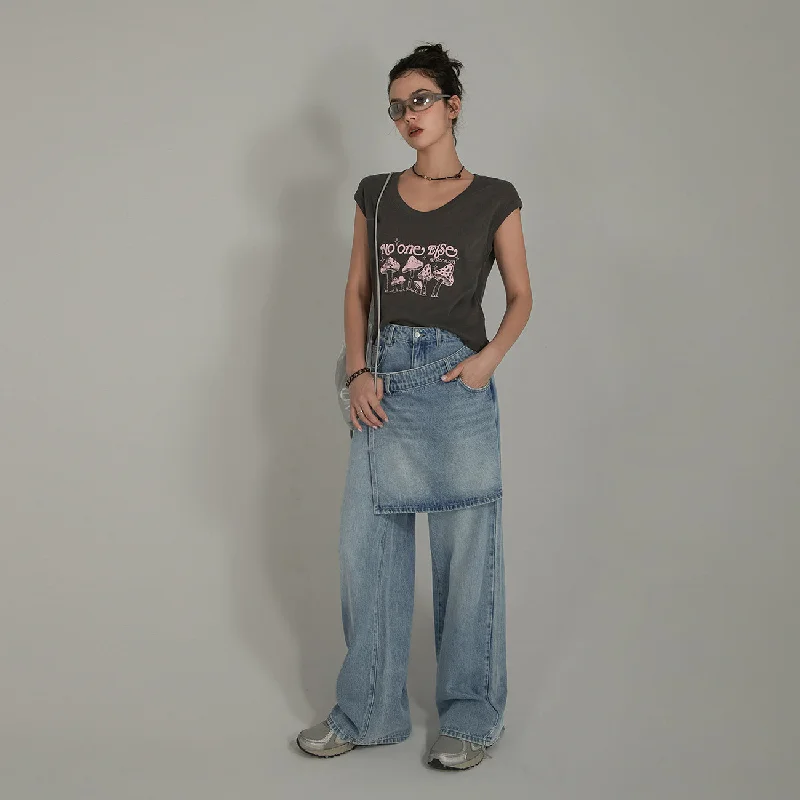 Layered False Skirt Wide Denim Jeans European