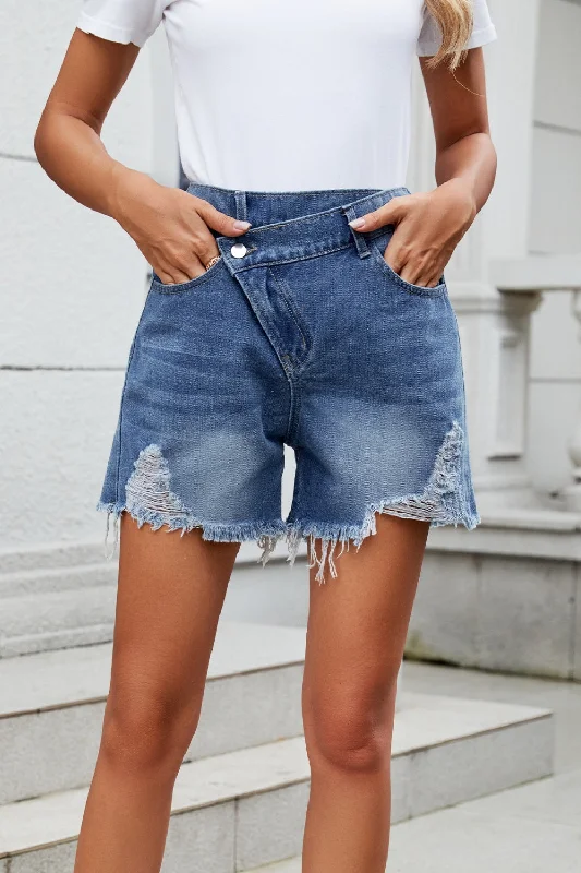 Distressed Raw Hem Asymmetric Waist Denim Shorts Australian Beach