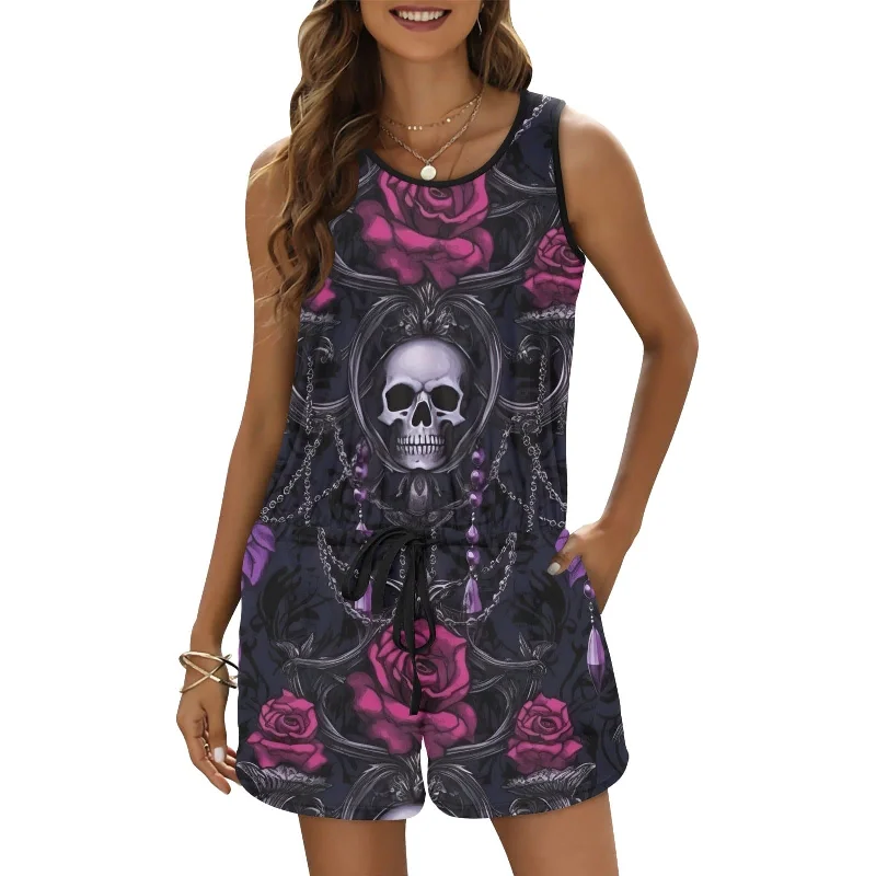 Women's Skull Chandalers Pink Flowers Romper Modern Women's Tech