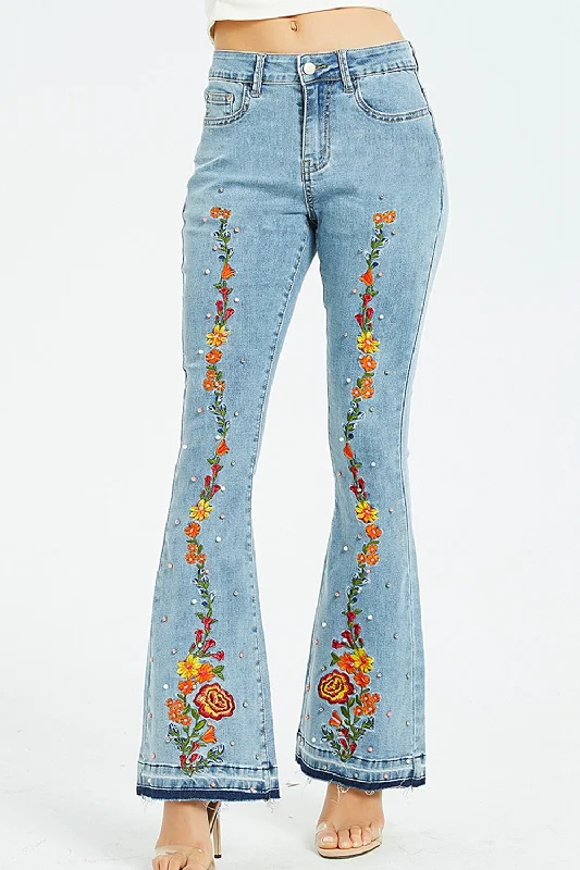 Full Size Flower Embroidery Wide Leg Jeans