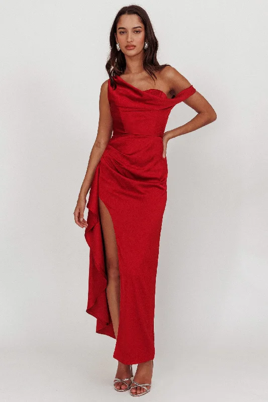 Sensations Off Shoulder Satin Maxi Dress Red Scandinavian