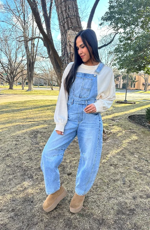 Always Flirty Denim Barrel Overalls Classic Women's Pin - striped