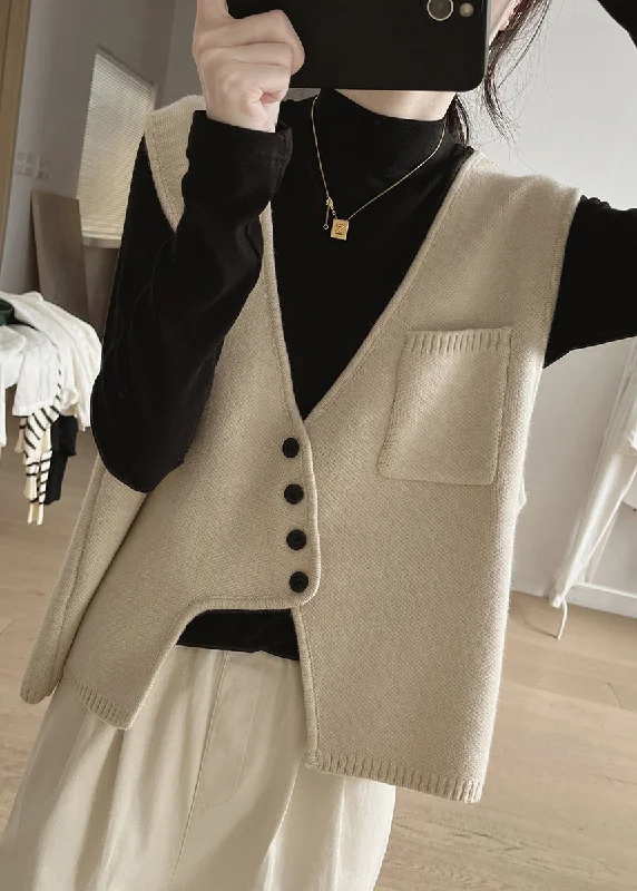 New Apricot Asymmetrical Button Patchwork Cotton Knit Waistcoat Sleeveless Women