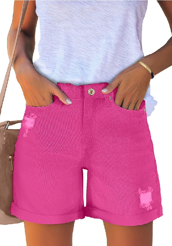 Hot Pink High Waist Roll-Over Distressed Jean Shorts Sporty Women's Athleisure 