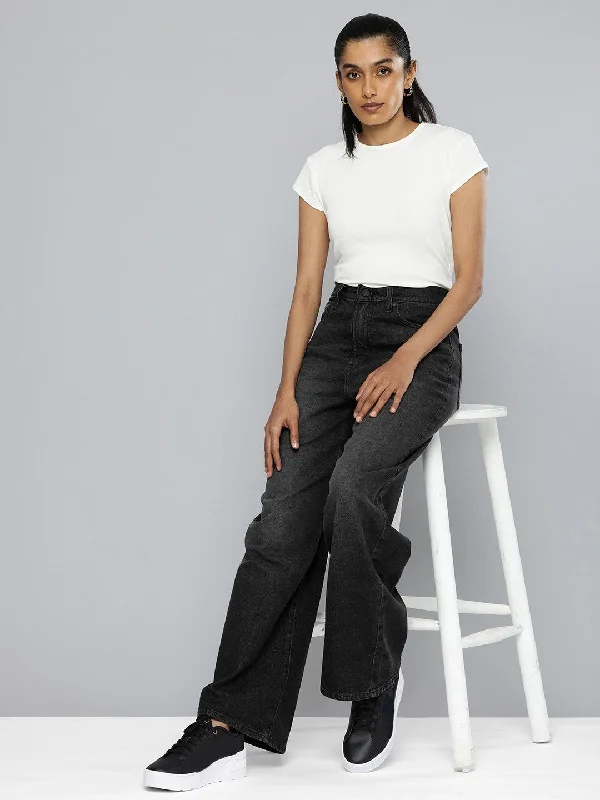 Women's High Rise Ribcage Charcoal Wide Leg Jeans Sharp Women's Italian