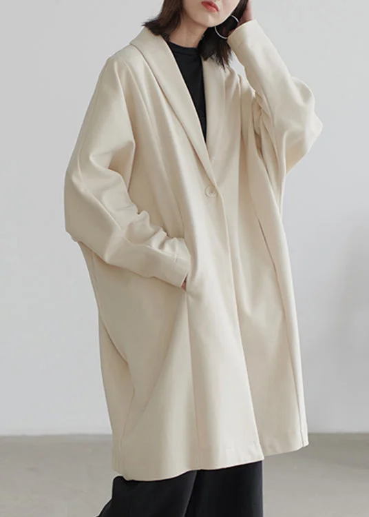French Beige Button Pockets Patchwork Woolen Coats Long Sleeve Confident Women's Power