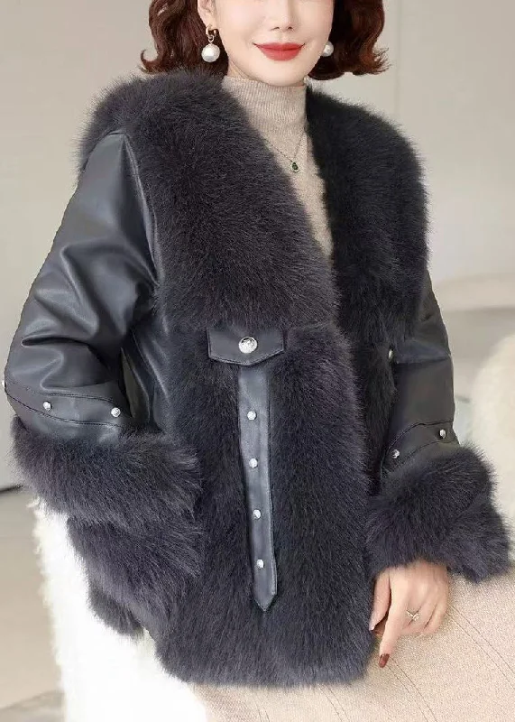 Black Pockets Patchwork Mink Velvet Coats V Neck Winter Refined Women's 