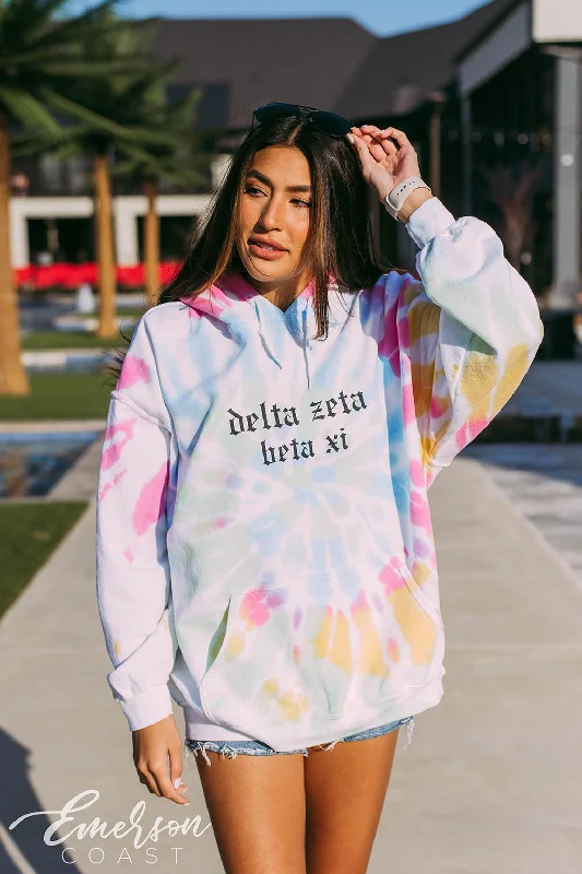 Delta Zeta Beta Xi Tie Dye Smiley Face Hoodie Laid - back Women's Style