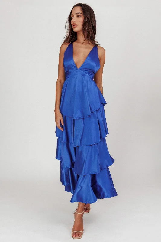 Auguste Tiered Frill Strappy Back Dress Electric Blue Laid - back Women's Vibe