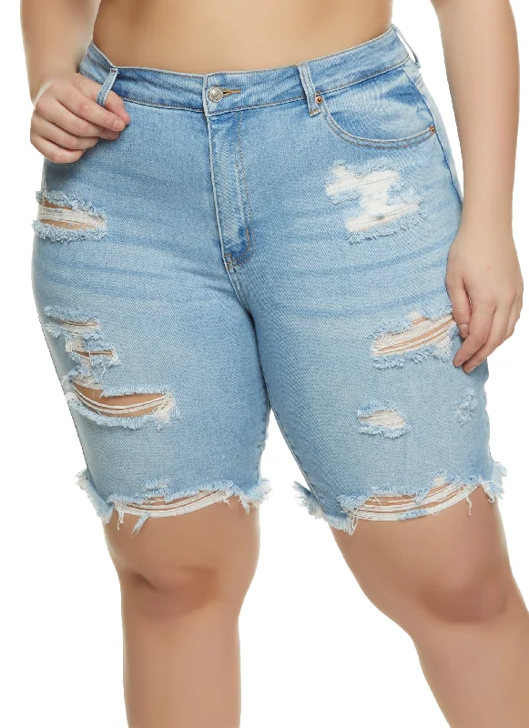 Plus Size Distressed Denim Bermuda Shorts Minimalist Women's Casual