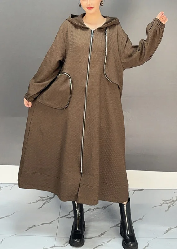 Elegant Coffee Patchwork Zippered Hooded Maxi Trench Coat Spring Women