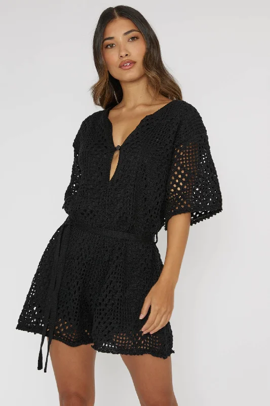 Asana Crochet Button Romper Black Sustainable Organic