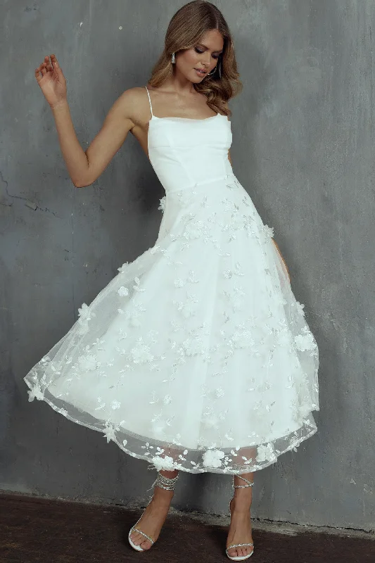 Floating By Pleated Neckline Mesh Midi Dress Embellished White Sharp Women's Italian