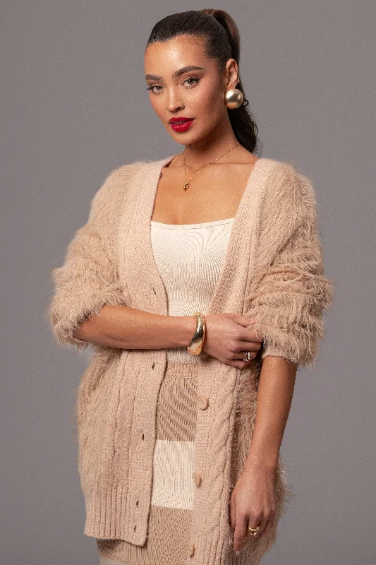 Tan Lola Fuzzy Knit Cardigan