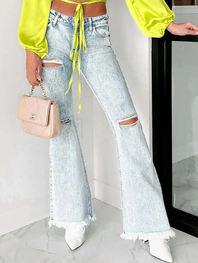 Distressed Raw Hem Flare Jeans Sleek Women's Metallic