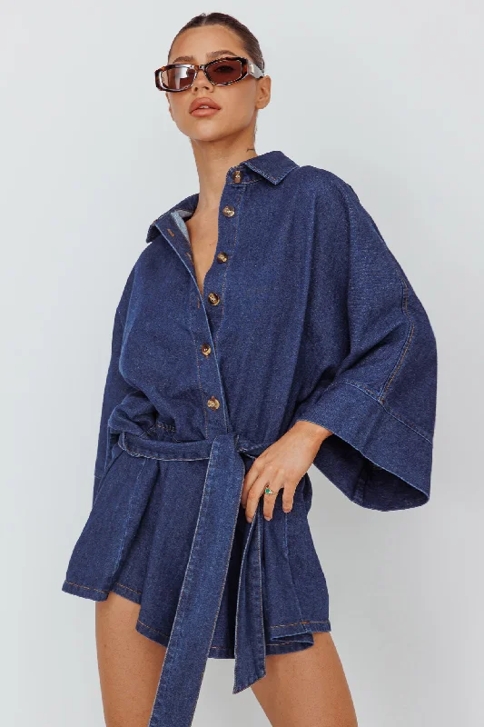 Daytona Beach Long Sleeve Shirt Romper Indigo Sophisticated Women's Tailored