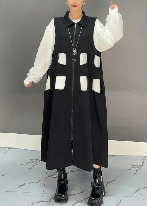 Bohemian Black Zippered Patchwork Hollow Out Long Waistcoat Dress Spring Elegant Women's 