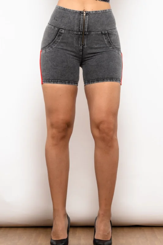 Full Size Side Stripe Zip Closure Denim Shorts Gym
