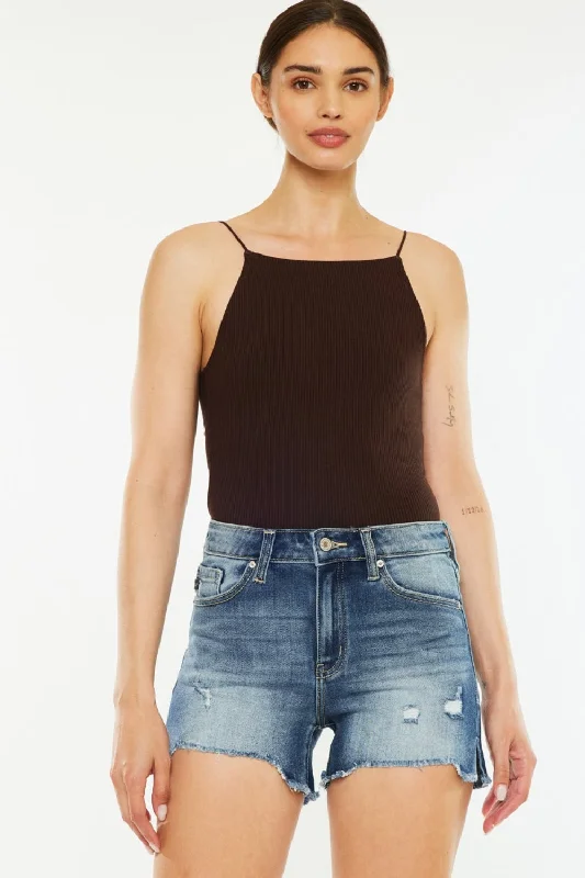Kancan High Waist Raw Hem Denim Shorts Laid - back Women's Style
