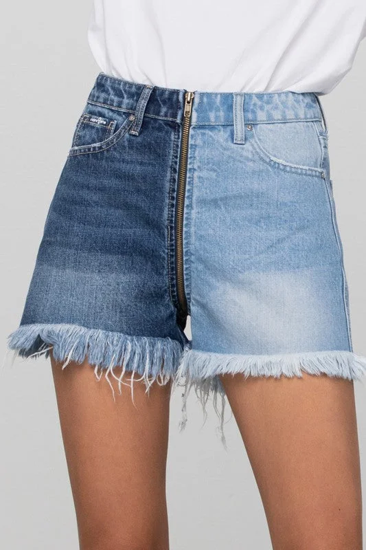 Long Fray Two Tone Denim Shorts Elegant Women's Formal 