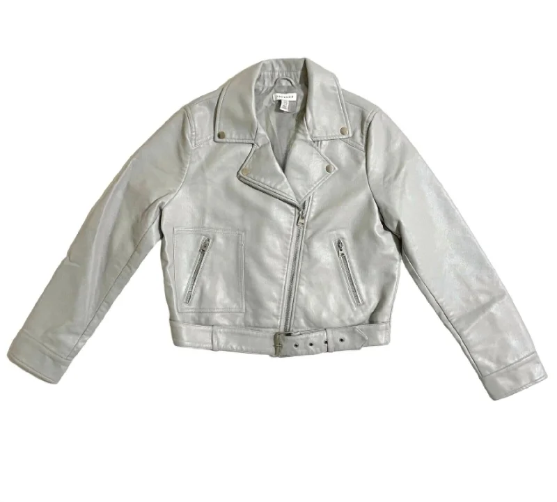 Women's Faux Leather Belted Moto Jacket In Gray