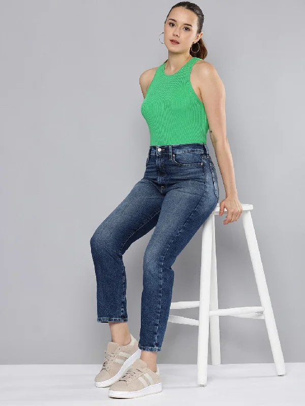 Women's High Rise Wedgie Straight Fit Blue Jeans Women