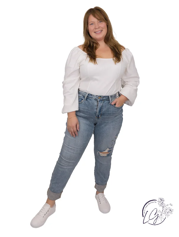 Curvy Denise Knee Destroy & Cuffed Long Boyfriend Jeans By Judy Blue Youthful Women's Anime - inspired