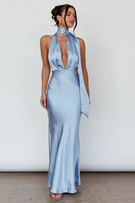 Italia Azure Halterneck Maxi Dress Blue Cashmere