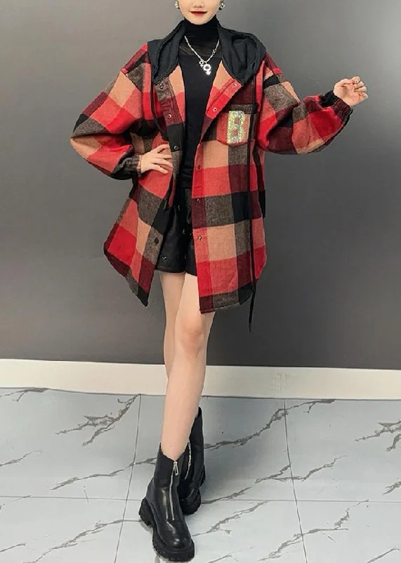 Beautiful Red Plaid Asymmetrical Button Thick Woolen Hooded Coat Winter Disco