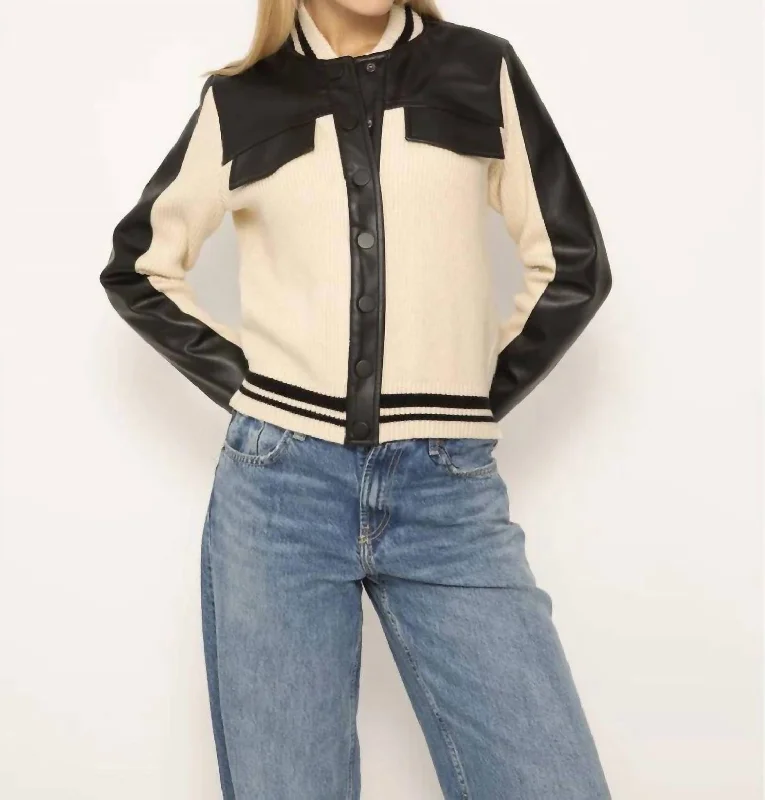 Axel Vegan Sweater Bomber In Ivory/black  Ivory Classic Women's Pin - striped
