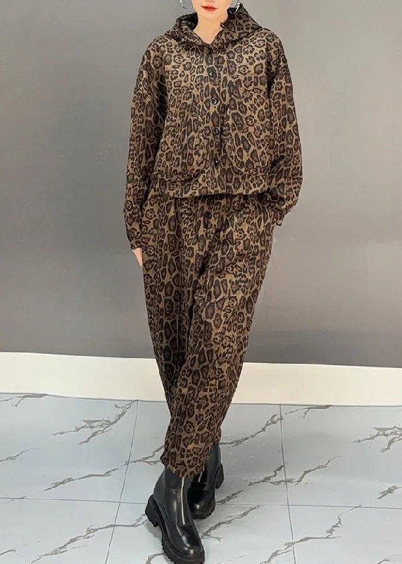 Fashion Khaki Leopard Warm Fleece Hooded Coats And Harem Pants Two Pieces Set Winter Refined Women's Hand - crafted