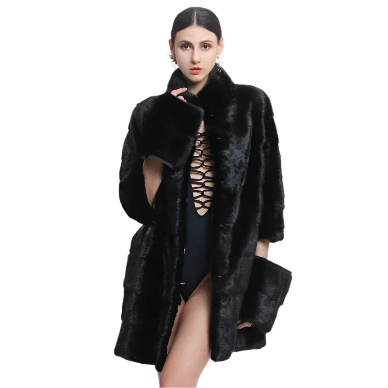 Women's Russian Black Winter Thick Warm Full Pelt Real Mink Fur Coat Feminine Women's Style 