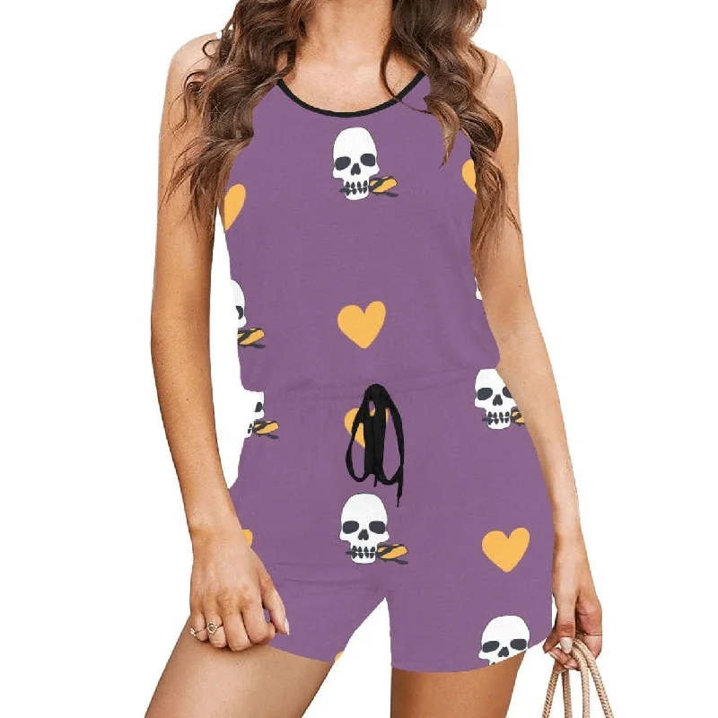Purple Skull Hearts Women's Tie Waist Romper Street