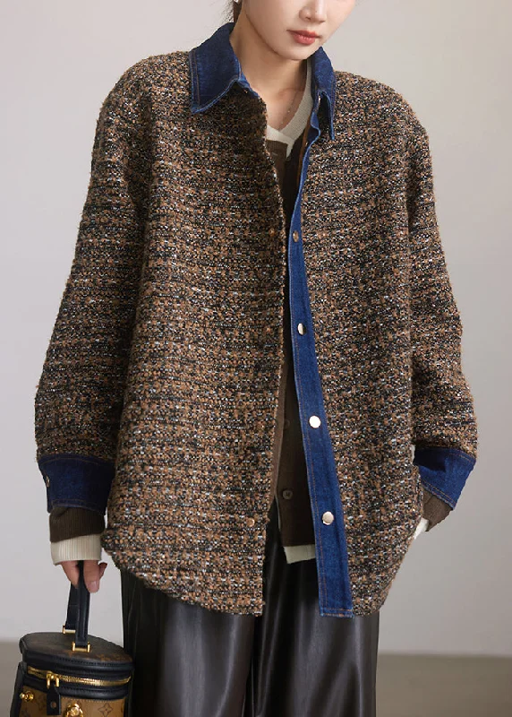 Unique Coffee Peter Pan Collar Button Patchwork Cotton Coats Spring Youthful Women's Pop
