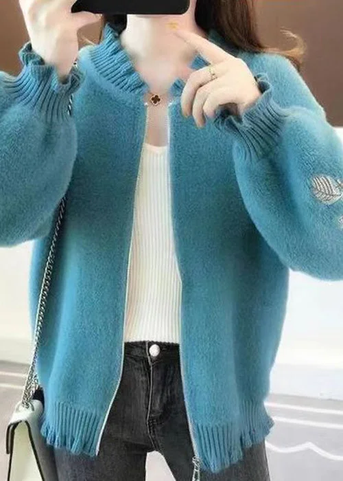 Women Fluorescent Green Embroidered Ruffled Mink Velvet Coats Spring Youthful Women's Pop