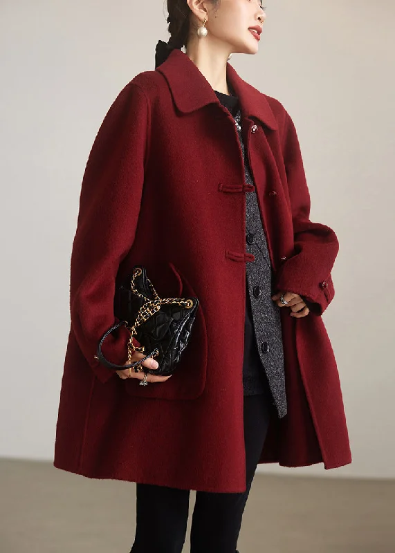 Elegant Red Peter Pan Collar Button Woolen Coats Spring Business