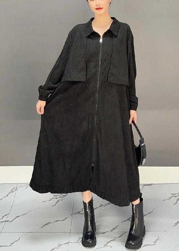 Casual Black Peter Pan Collar Pockets Corduroy Maxi Trench Coats Winter Traditional Women's Wool