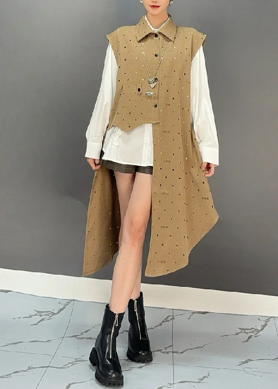 Unique Khaki Asymmetrical Patchwork Graphic Dot Maxi Waistcoat Dresses Spring Youthful Women's Anime - inspired