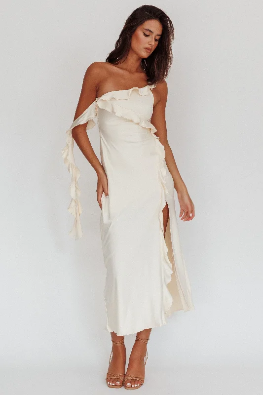 Like Yesterday Satin Ruffle Midi Dress Butter Refined Women's 
