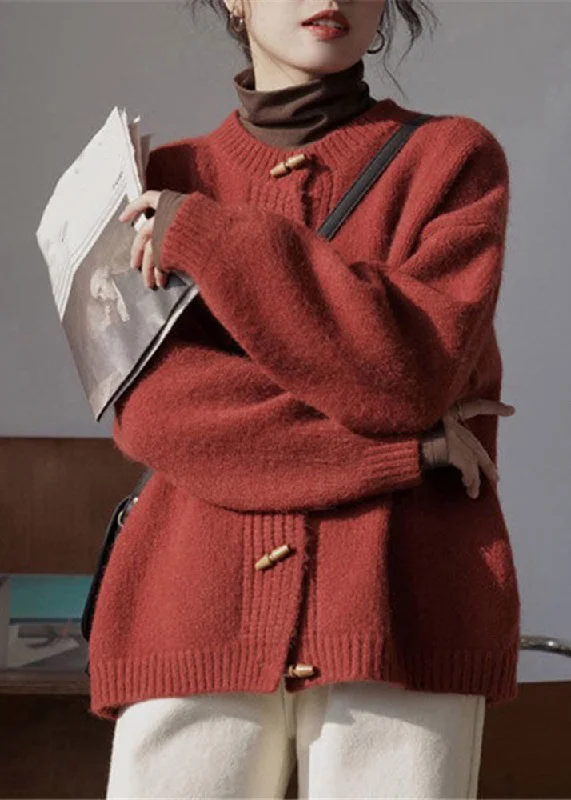 Women Wine Red Button Patchwork Cozy Knit Coat Long Sleeve Youthful Women's Anime - inspired